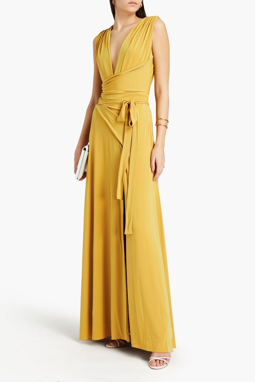 HALSTON Tie-front ruched jersey gown