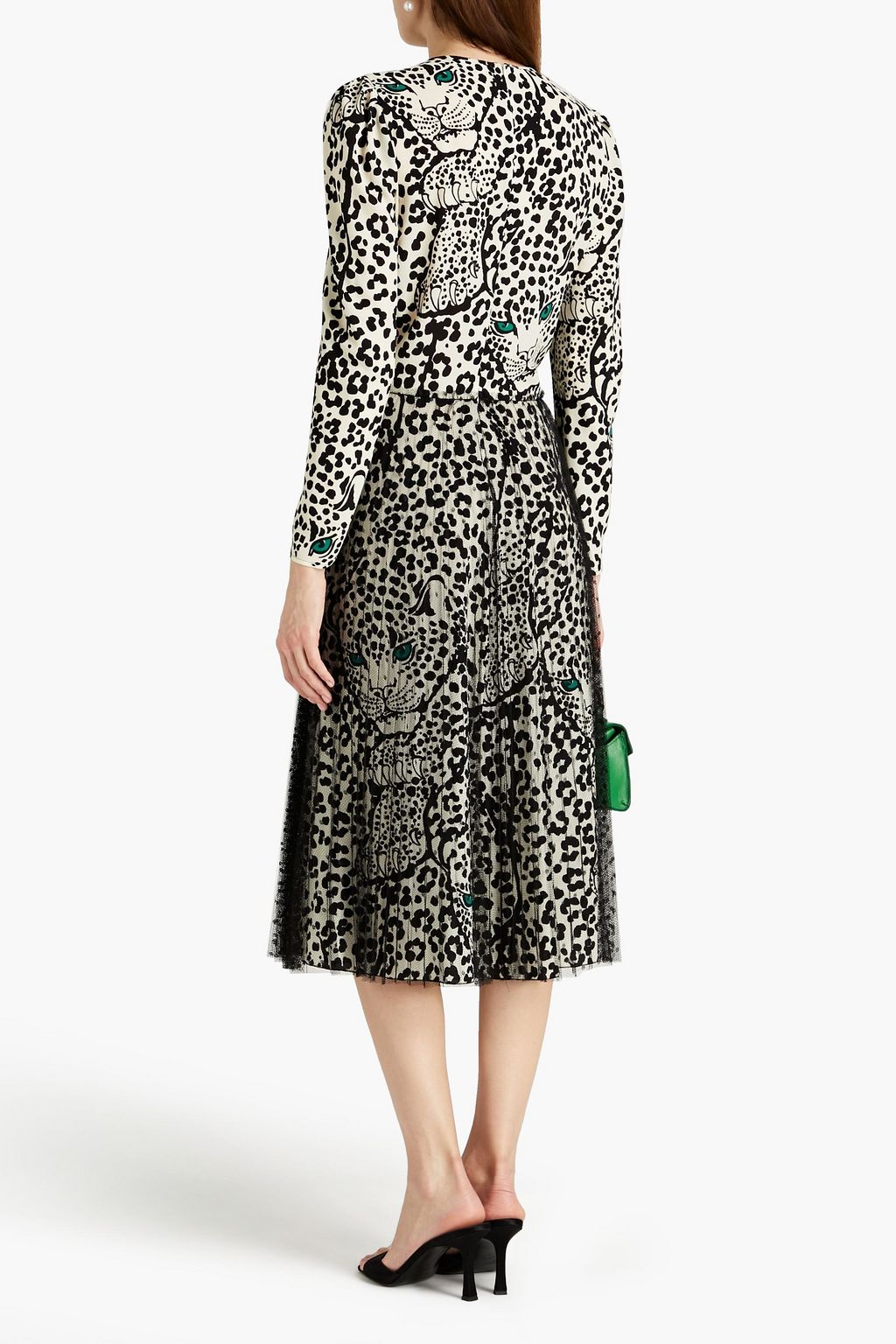 REDVALENTINO Point d'esprit-paneled leopard-print crepe midi dress