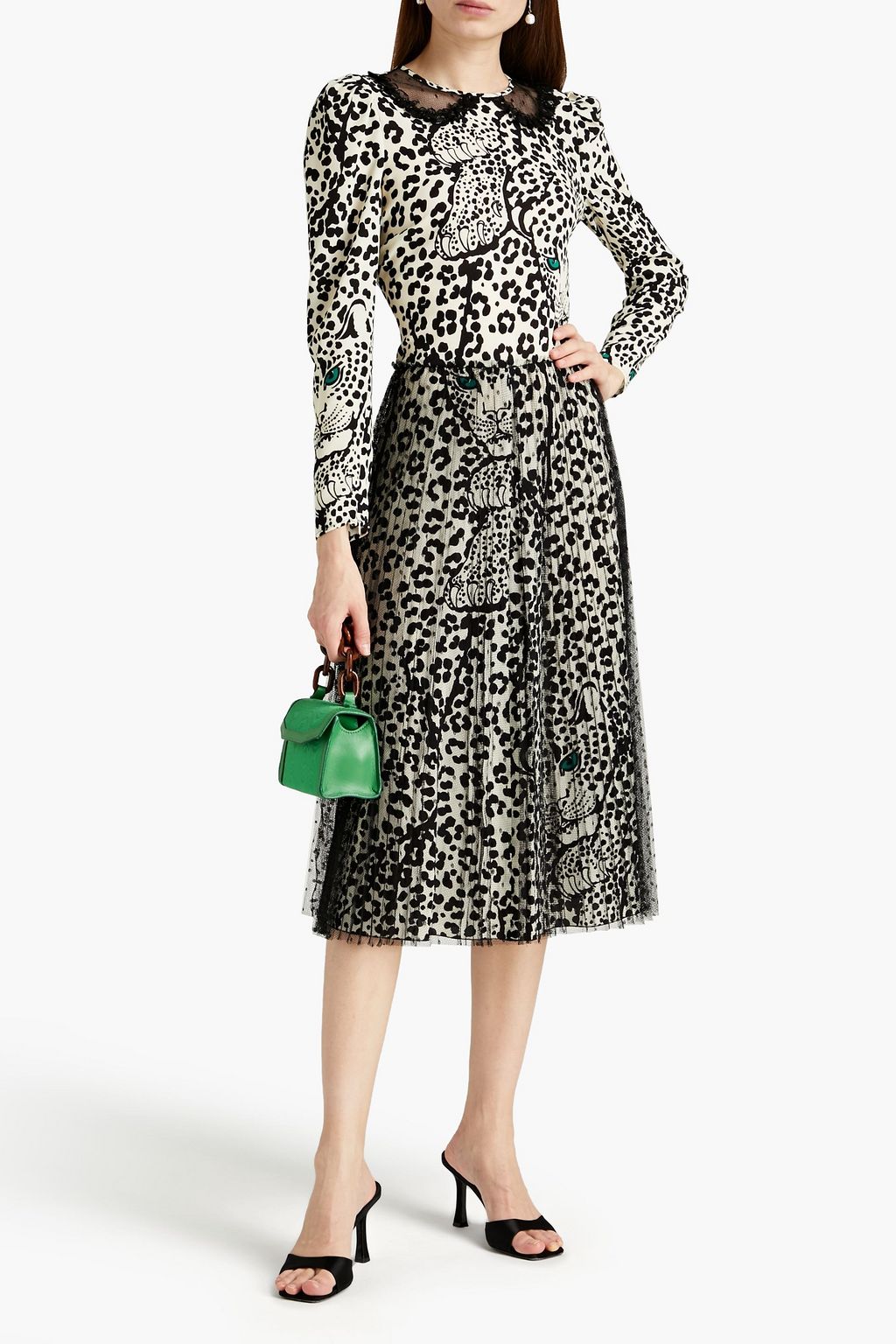 REDVALENTINO Point d'esprit-paneled leopard-print crepe midi dress