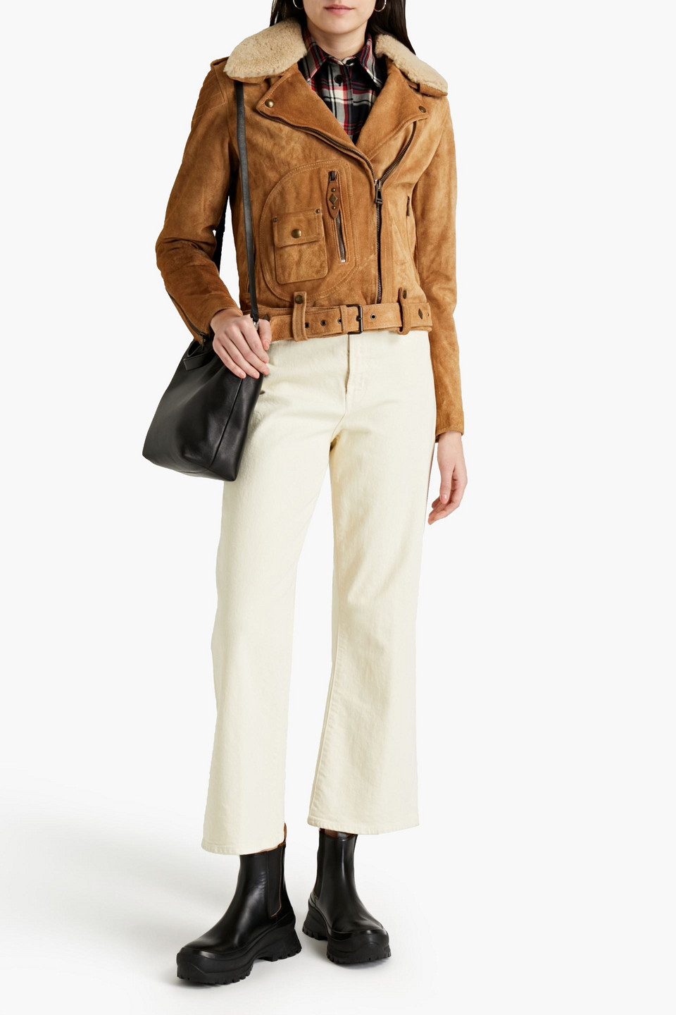 BELSTAFF BILLIE SHEARLING-TRIMMED SUEDE BIKER JACKET