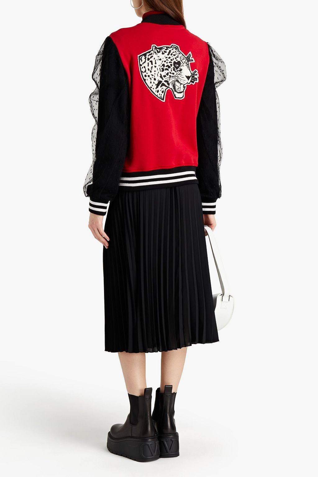 REDVALENTINO Point d'esprit-paneled French cotton-blend terry bomber jacket