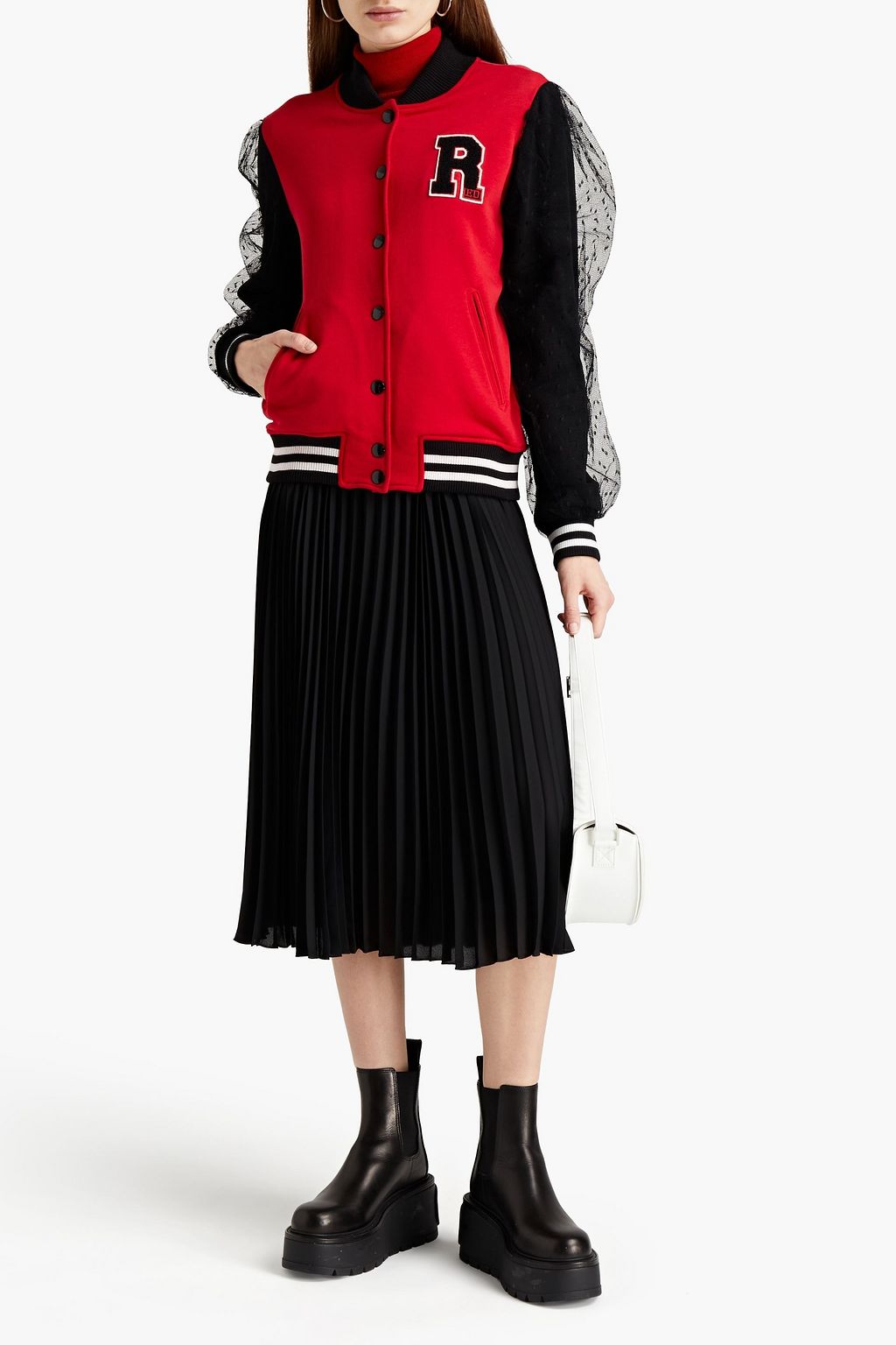 REDVALENTINO Point d'esprit-paneled French cotton-blend terry bomber jacket