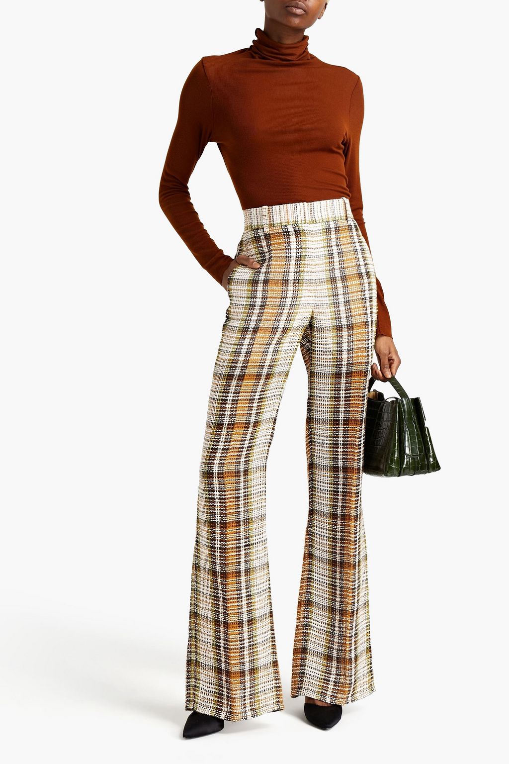 White Checked linen straight-leg pants 