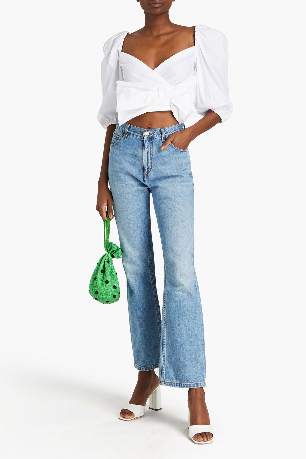 REDVALENTINO Cropped bow-embellished cotton-blend poplin top