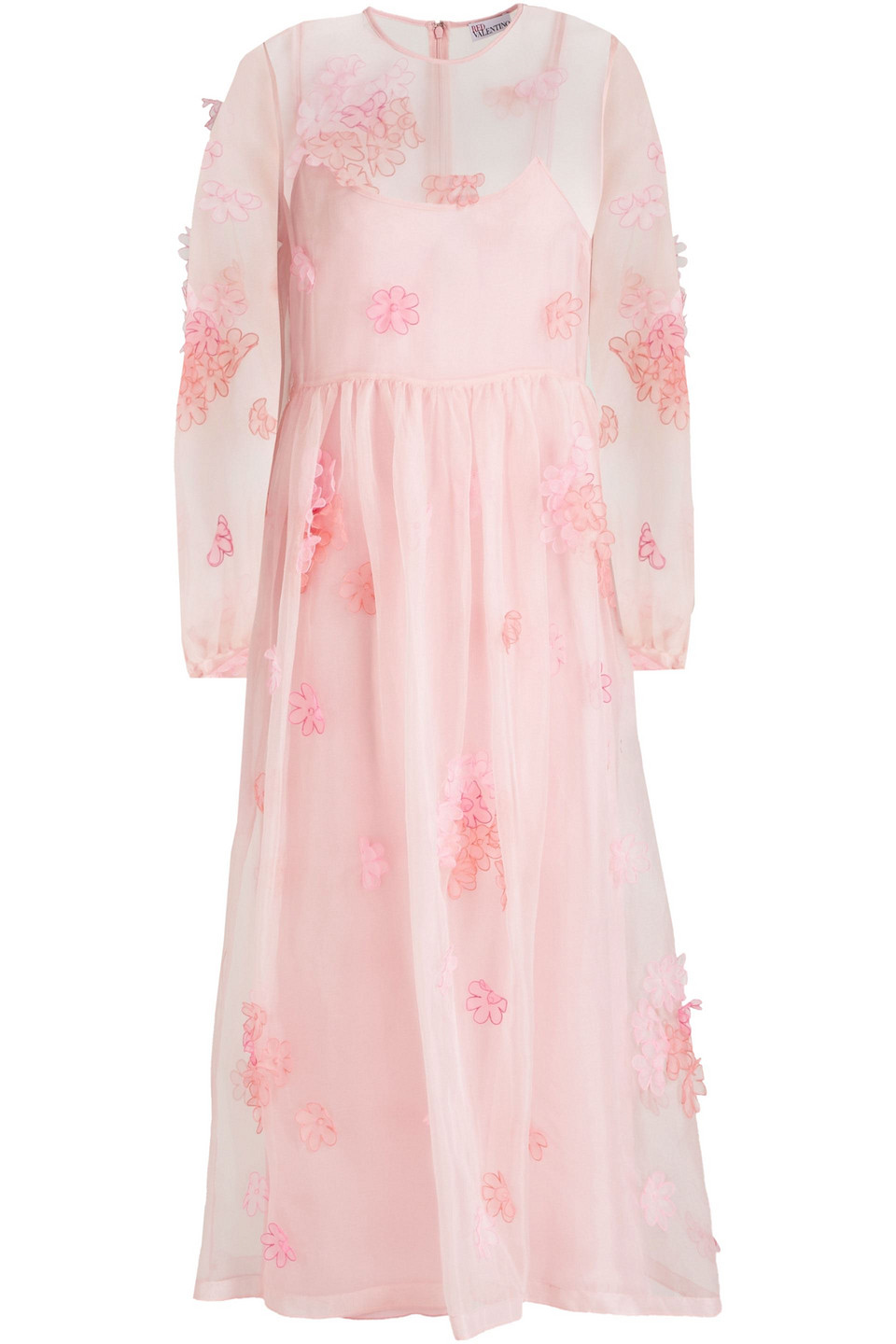 Red Valentino Floral-appliquéd Gathered Organza Midi Dress In Baby Pink