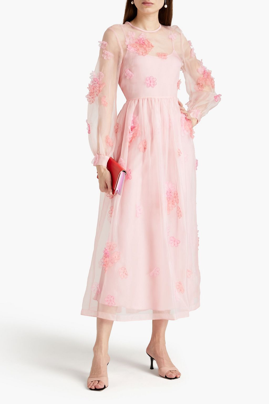 REDVALENTINO Floral-appliquéd gathered organza midi dress