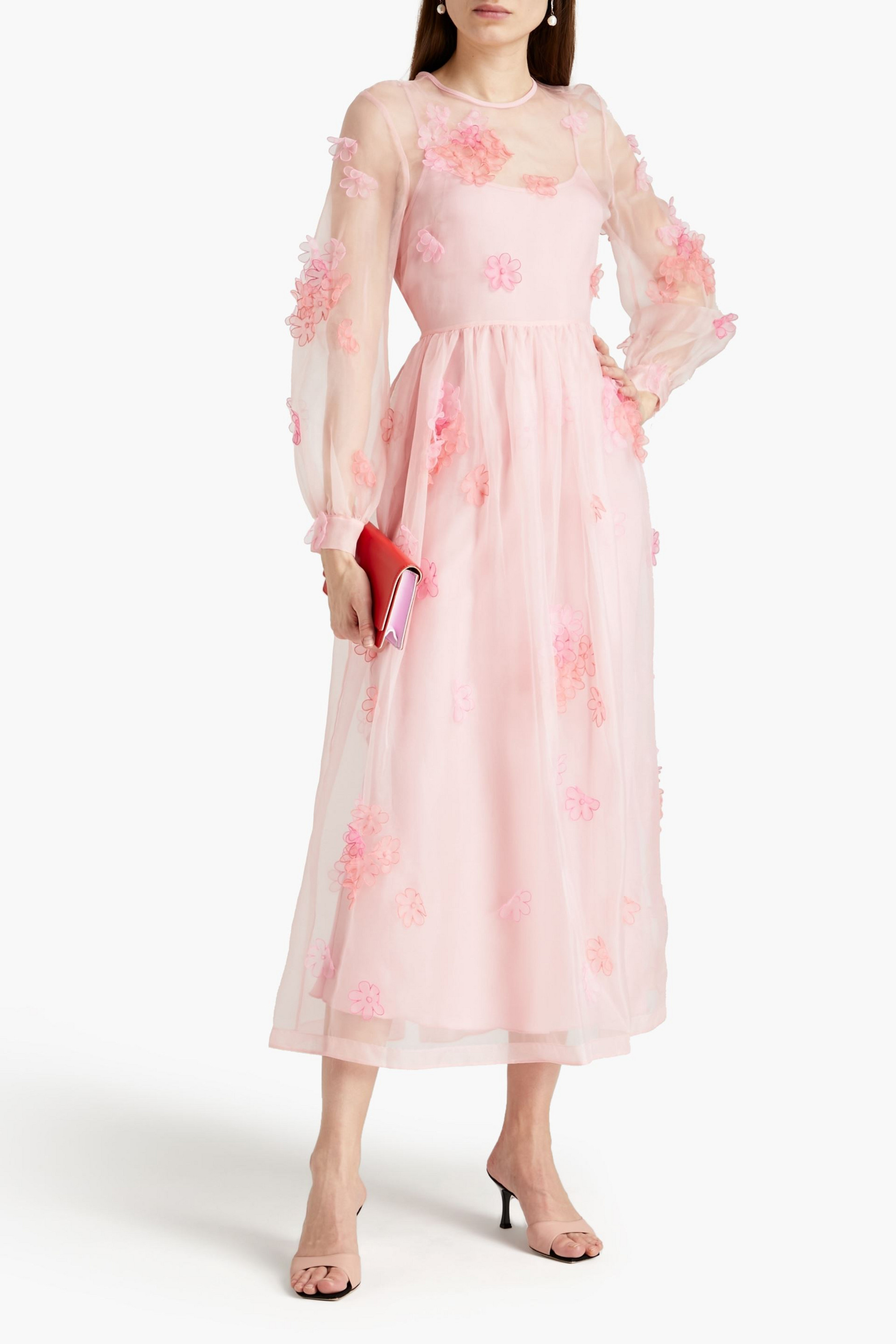REDValentino Floral-appliquéd gathered organza midi dress