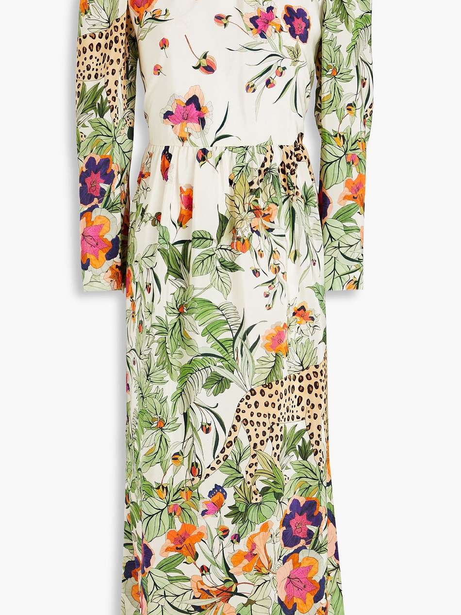 gathered floral-print silk crepe de chine midi dress