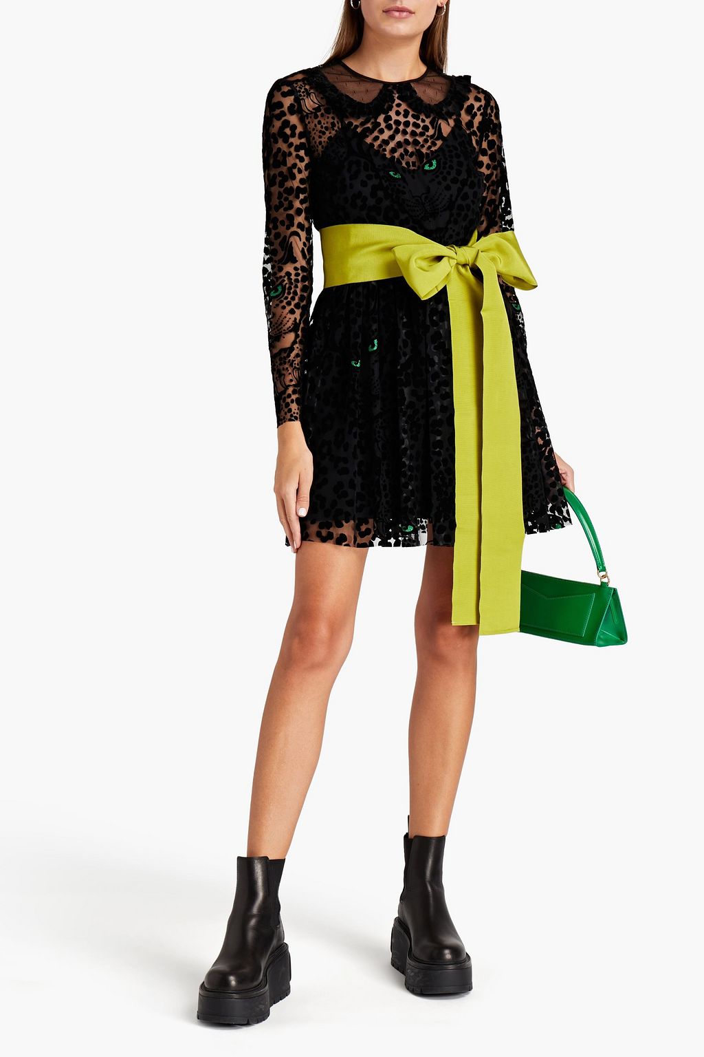 REDVALENTINO Belted point d'esprit-trimmed glittered flocked tulle mini dress