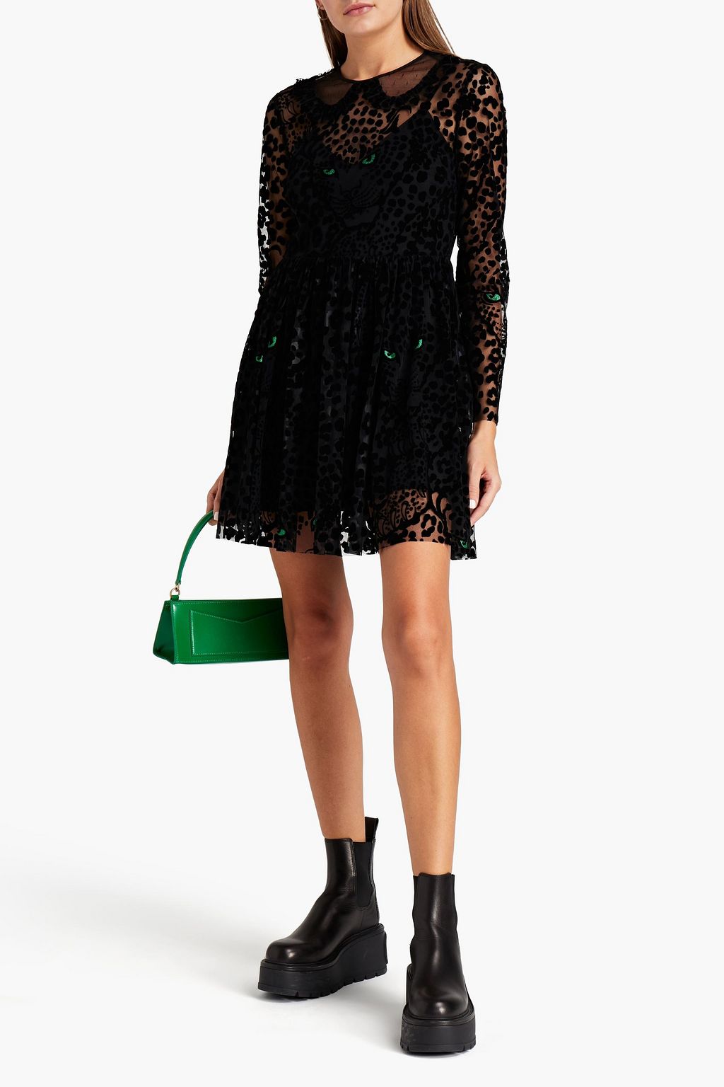REDVALENTINO Belted point d'esprit-trimmed glittered flocked tulle mini dress