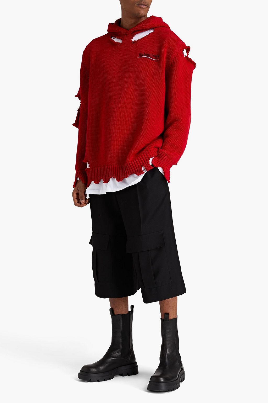 BALENCIAGA Distressed layered embroidered cotton hoodie
