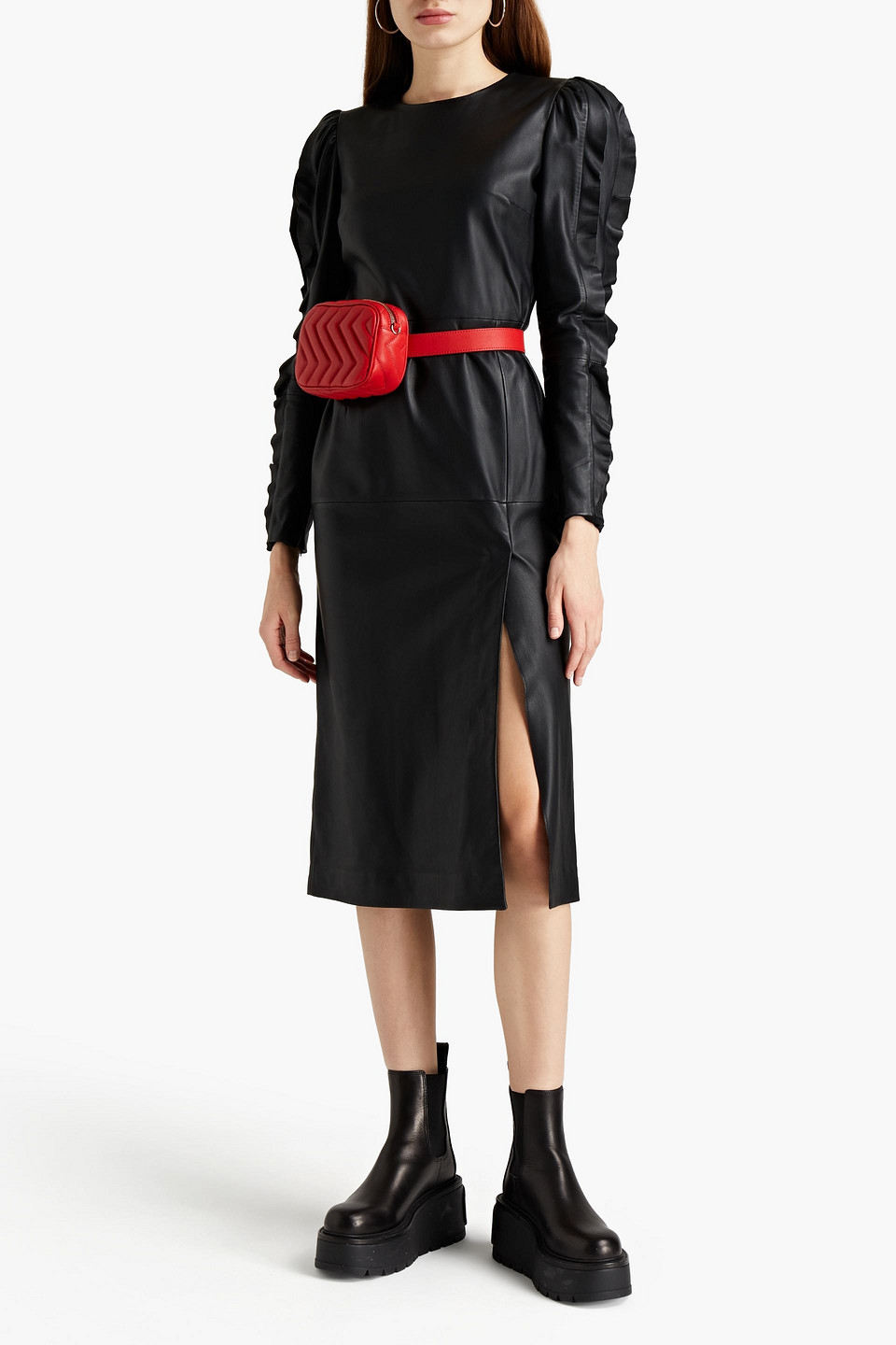 RED VALENTINO CUTOUT RUFFLE-TRIMMED LEATHER MIDI DRESS 3074457345628888147