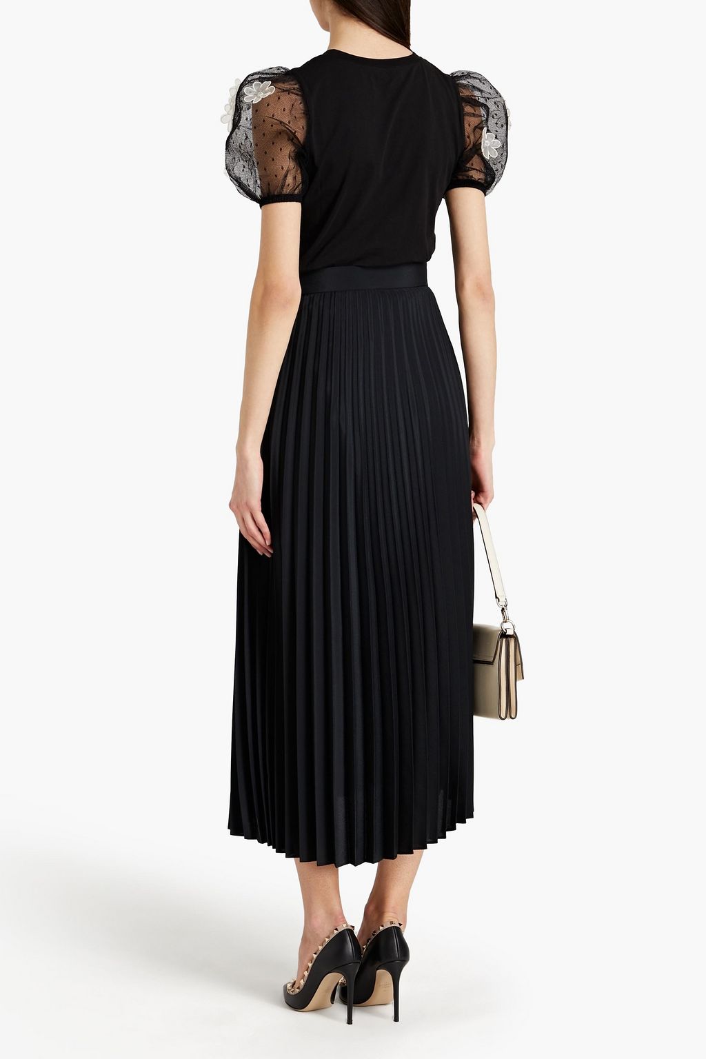 REDVALENTINO Point d'esprit-paneled floral-appliquéd cotton-jersey top