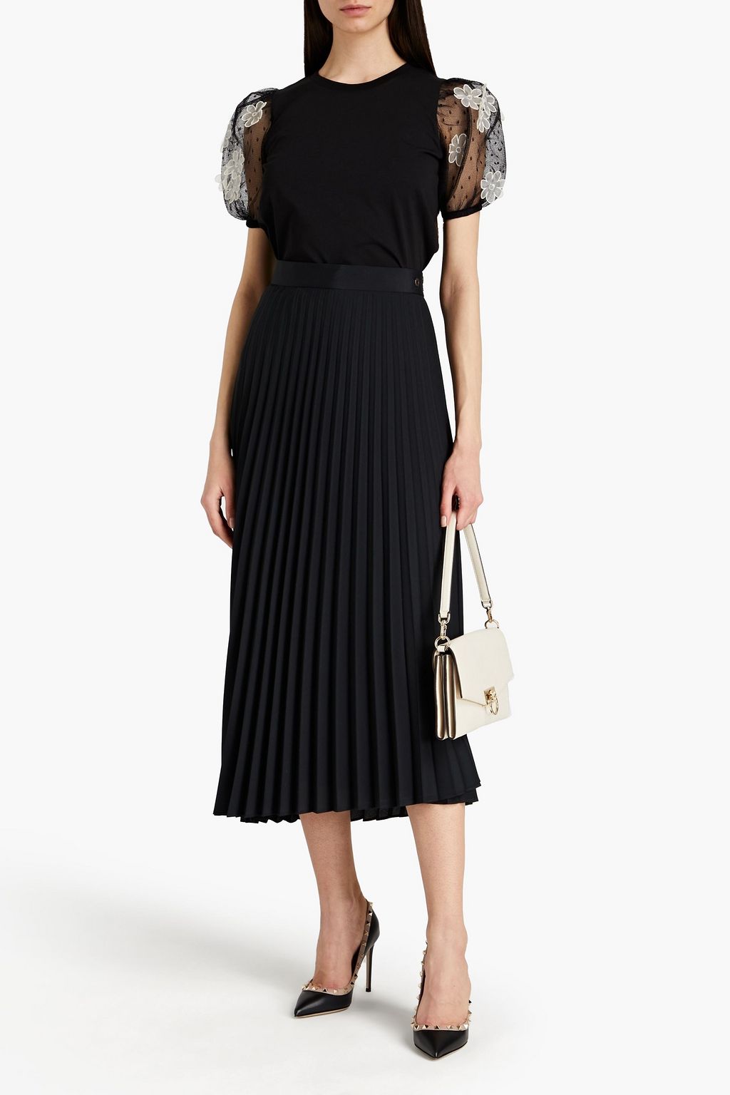 REDVALENTINO Point d'esprit-paneled floral-appliquéd cotton-jersey top