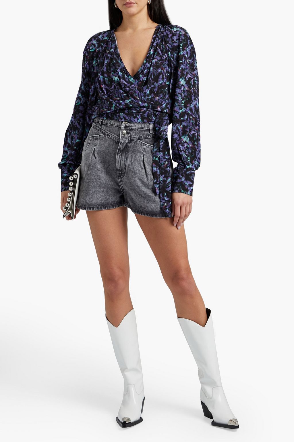IRO Azza pleated printed crepe de chine wrap top