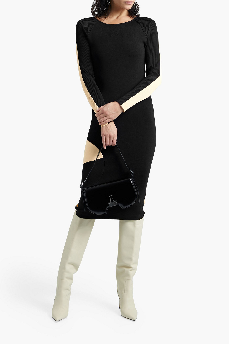 Off-white Open-back Two-tone Ribbed-knit Midi Dress In Black