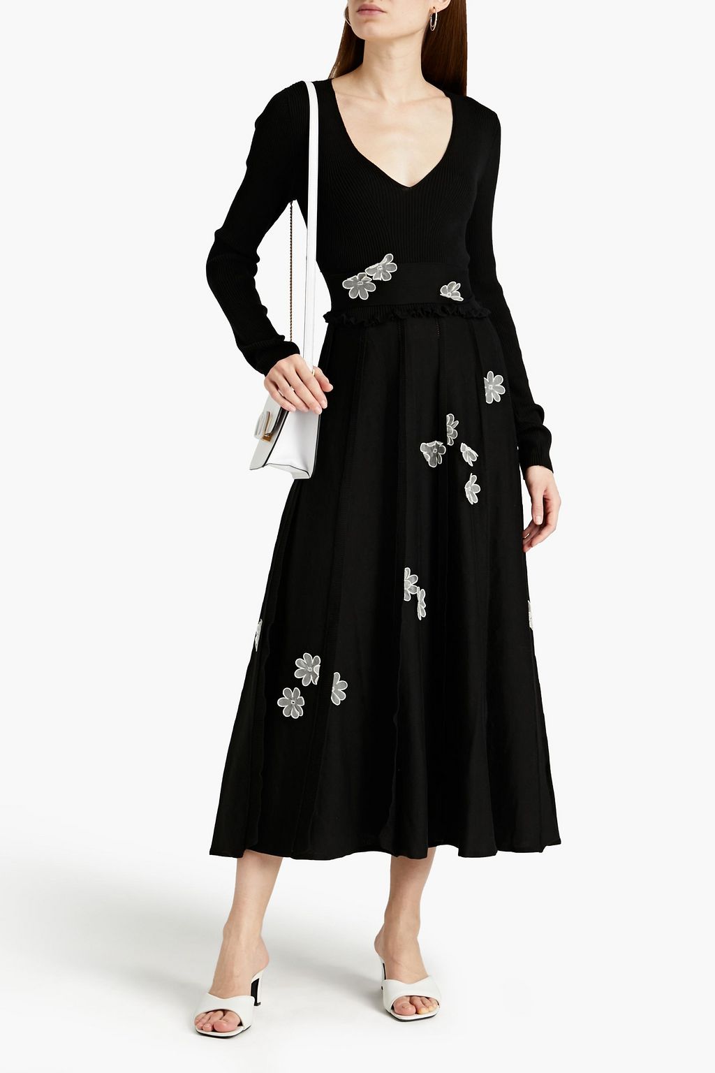 REDVALENTINO Appliquéd ribbed knit-paneled cotton midi dress