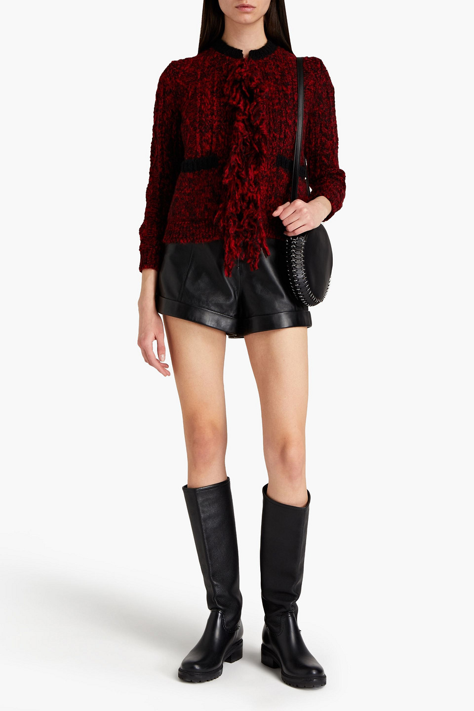 Red Valentino Fringed Marled Cable-knit Cardigan In Red