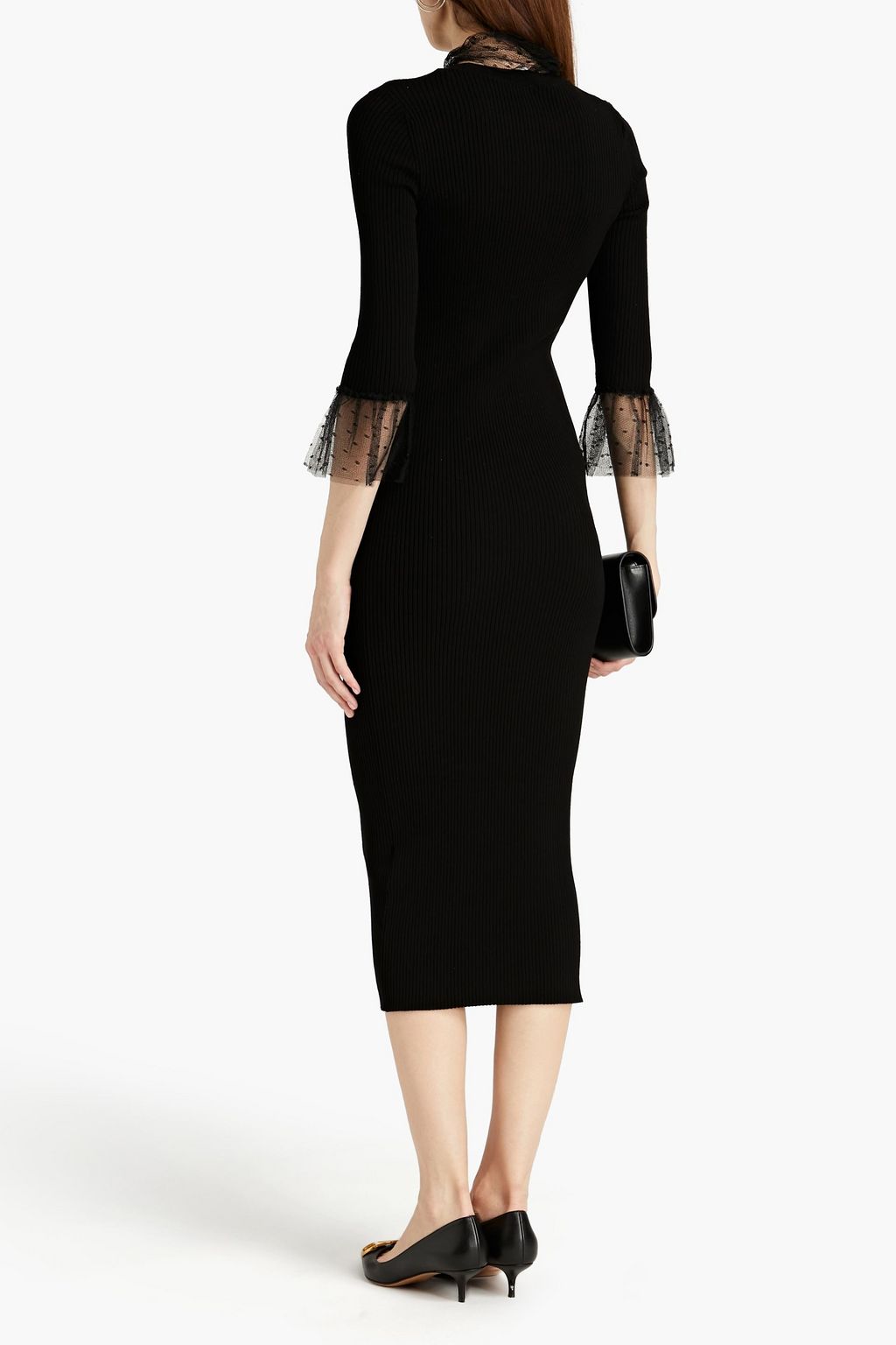 REDVALENTINO Point d'esprit-trimmed ribbed-knit midi dress
