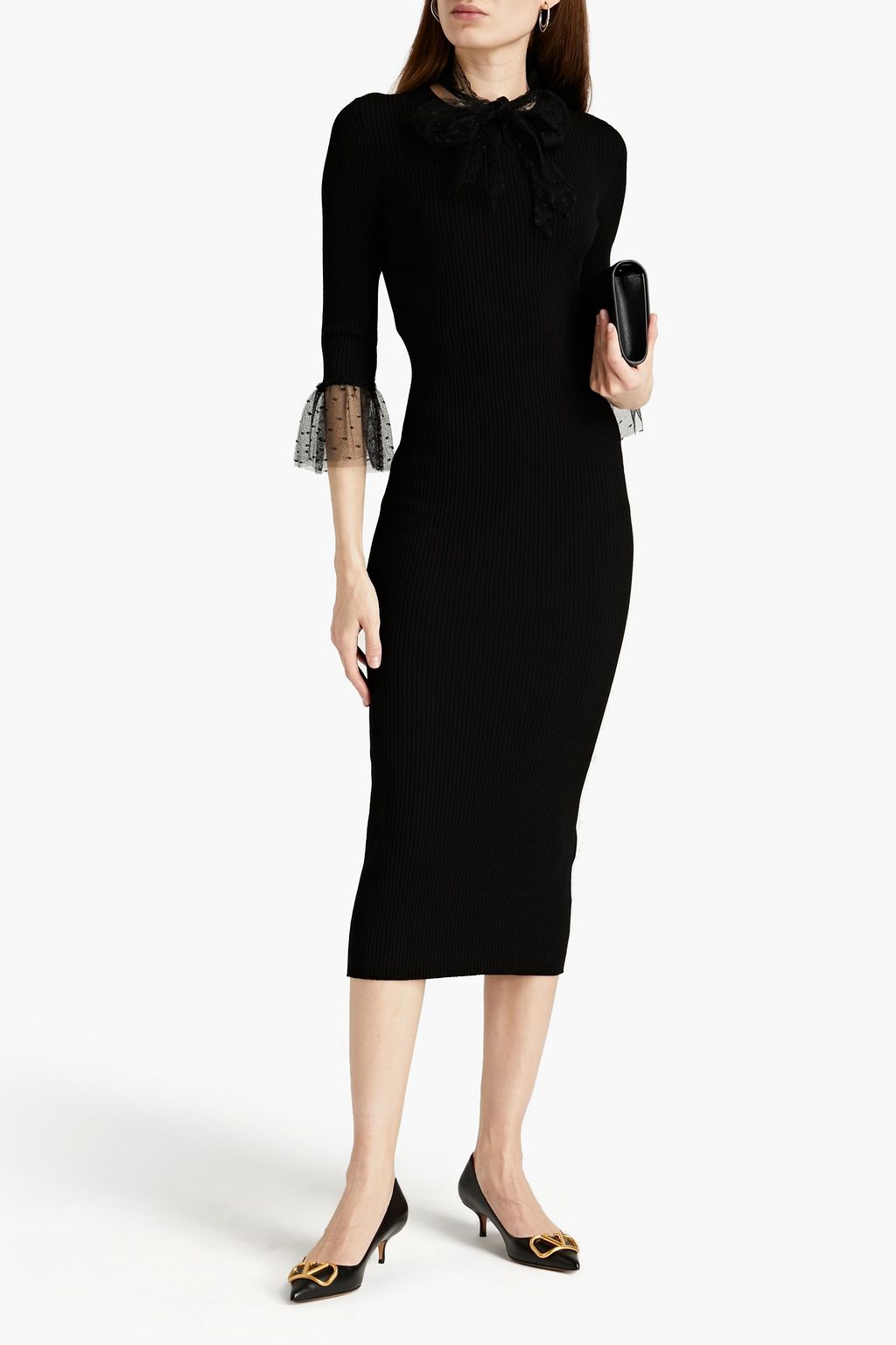 REDVALENTINO Point d'esprit-trimmed ribbed-knit midi dress