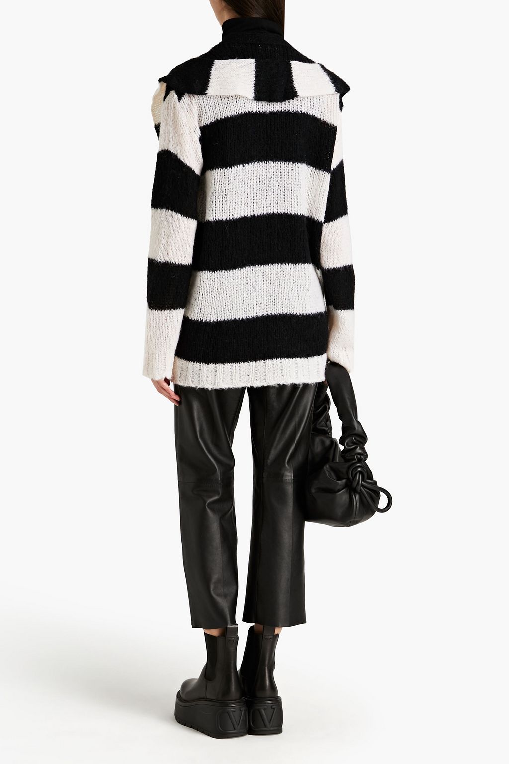 REDVALENTINO Ruffled striped open-knit sweater