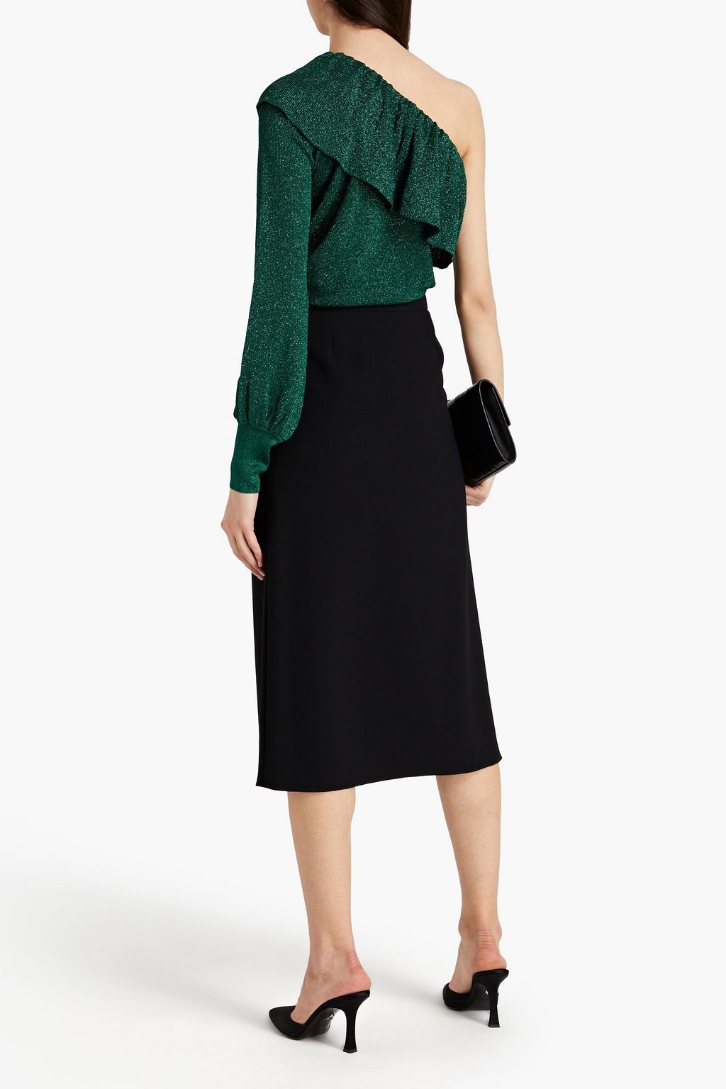REDVALENTINO One-sleeve ruffled metallic stretch-knit top
