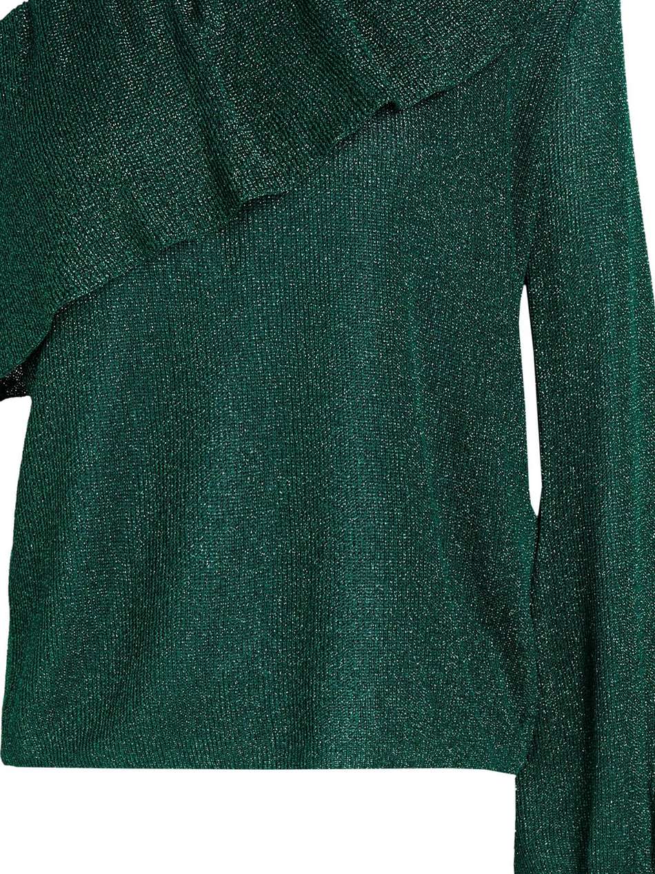 one-sleeve ruffled metallic stretch-knit top