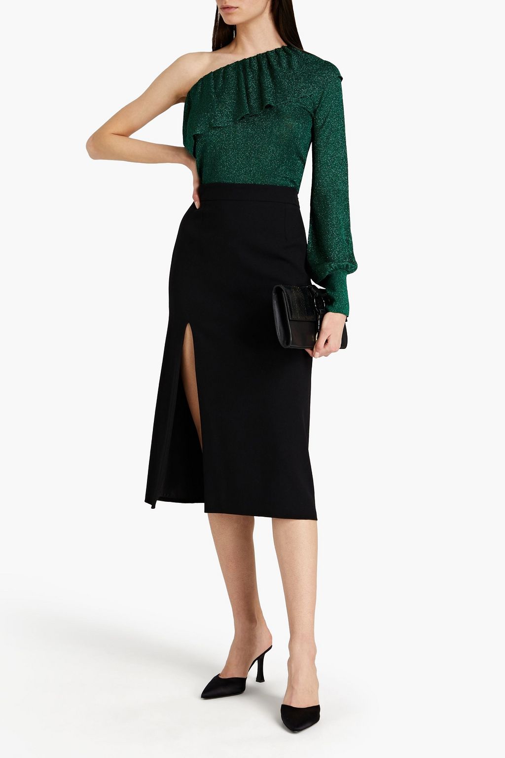 REDVALENTINO One-sleeve ruffled metallic stretch-knit top