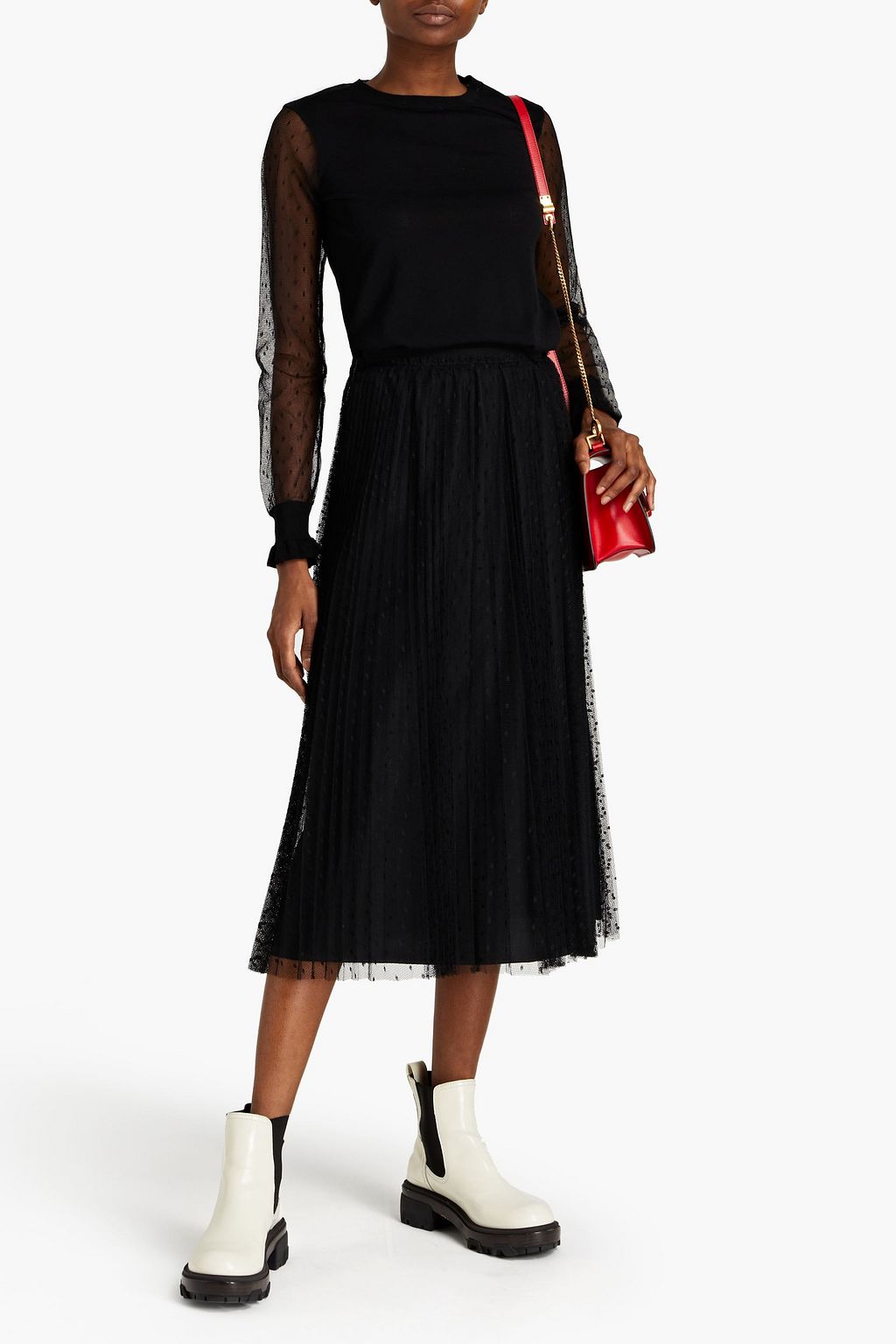 REDVALENTINO Point d'esprit-paneled llama, silk and cashmere-blend sweater
