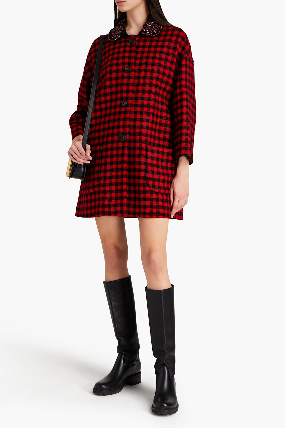 Red Valentino Embellished Gingham Wool-blend Coat In Red