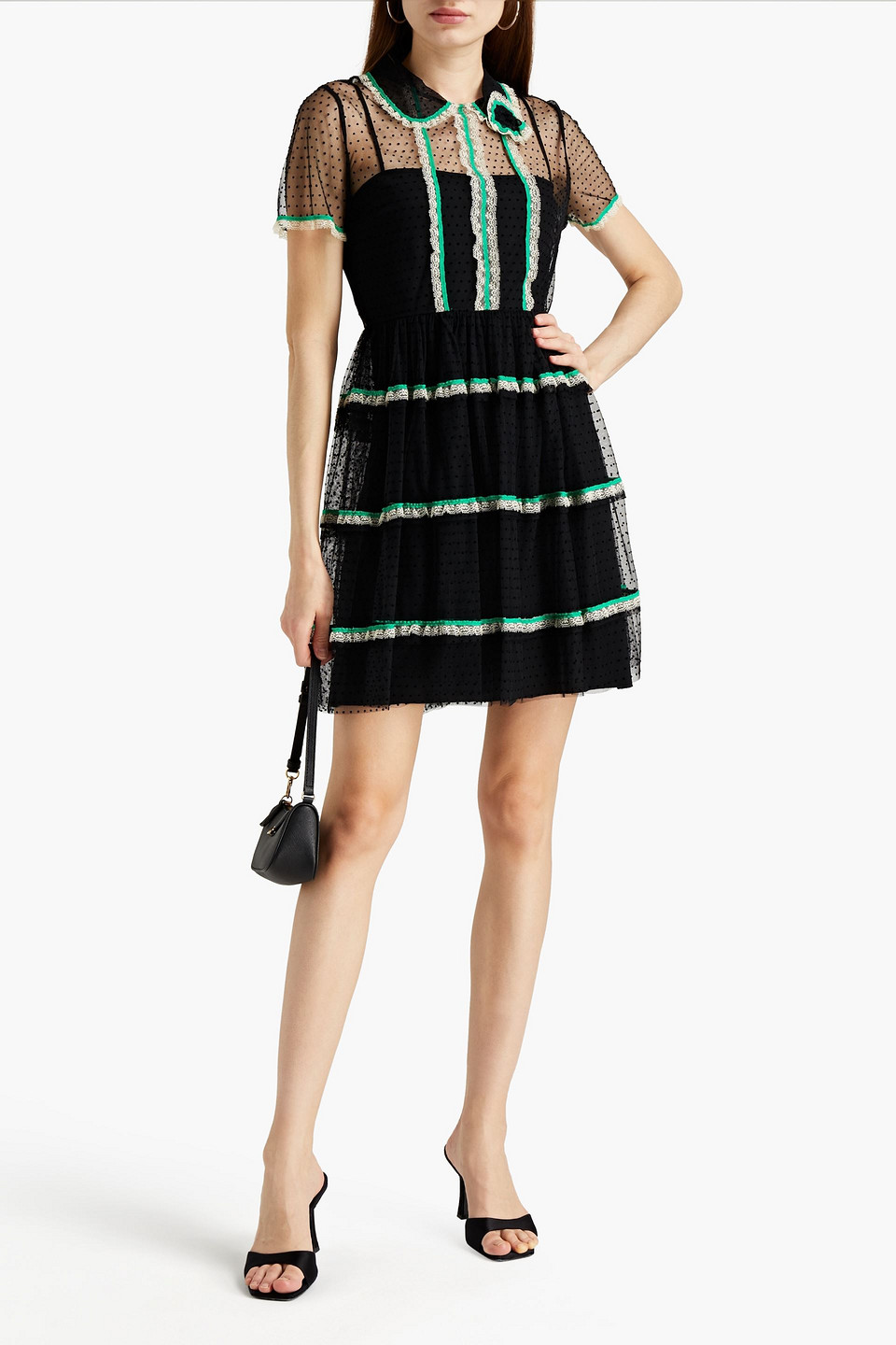 Red Valentino Tiered Lace-trimmed Point D'esprit Mini Dress In Black
