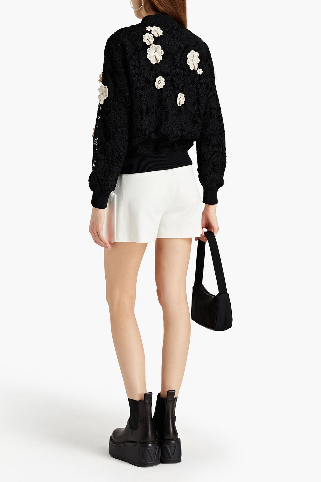 REDVALENTINO Floral-appliquéd guipure lace bomber jacket