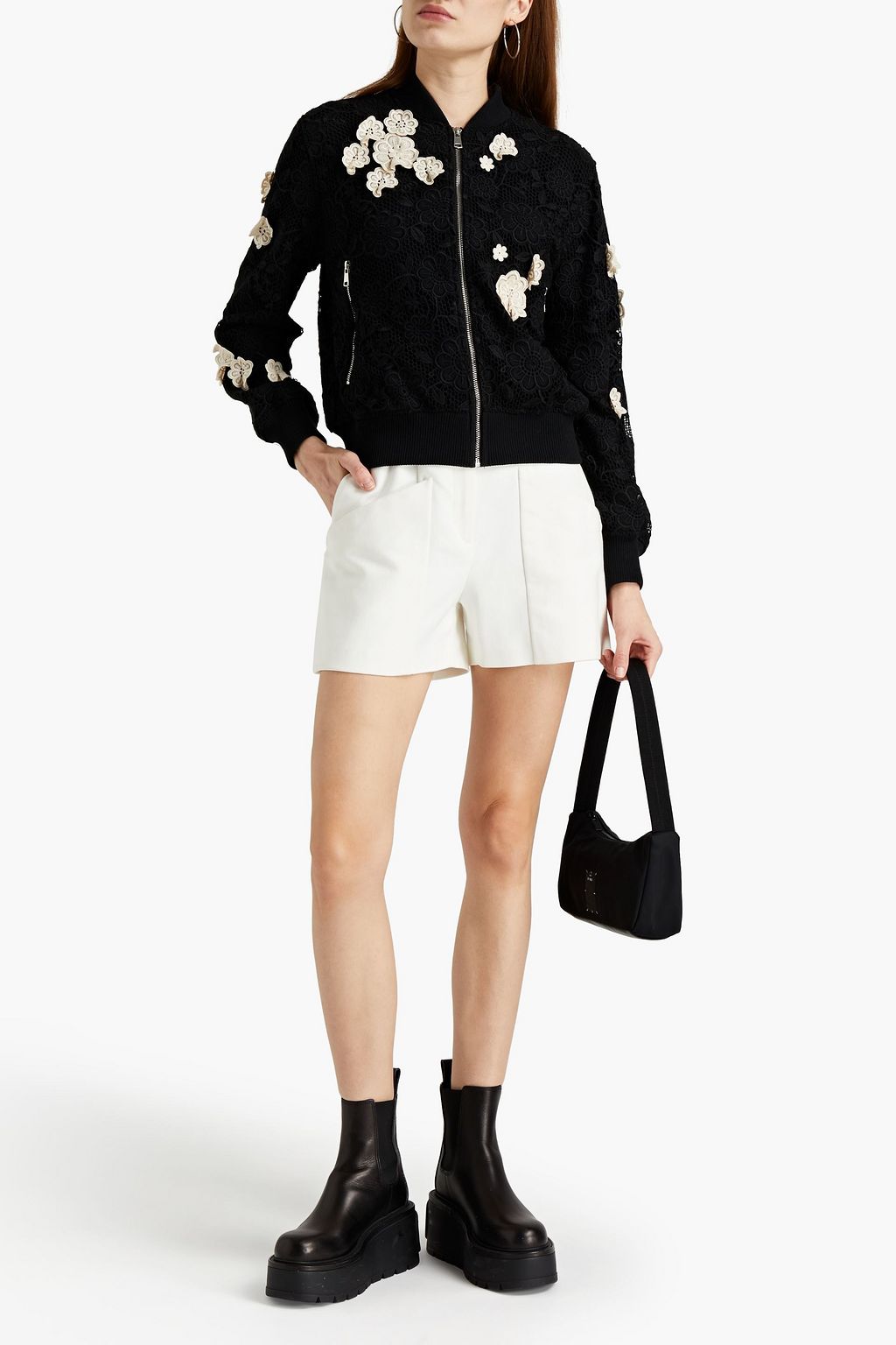 REDVALENTINO Floral-appliquéd guipure lace bomber jacket