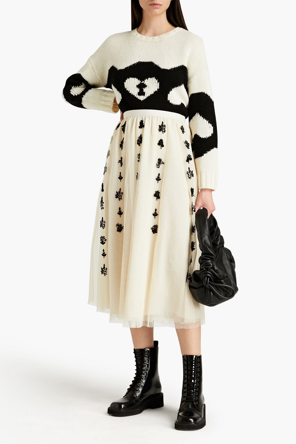 Red Valentino Embroidered Intarsia-wool Sweater In Ivory