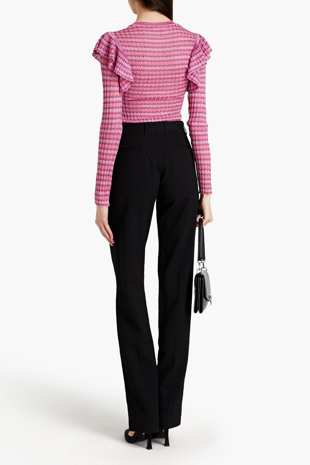 REDVALENTINO Ruffled metallic striped ribbed-knit top