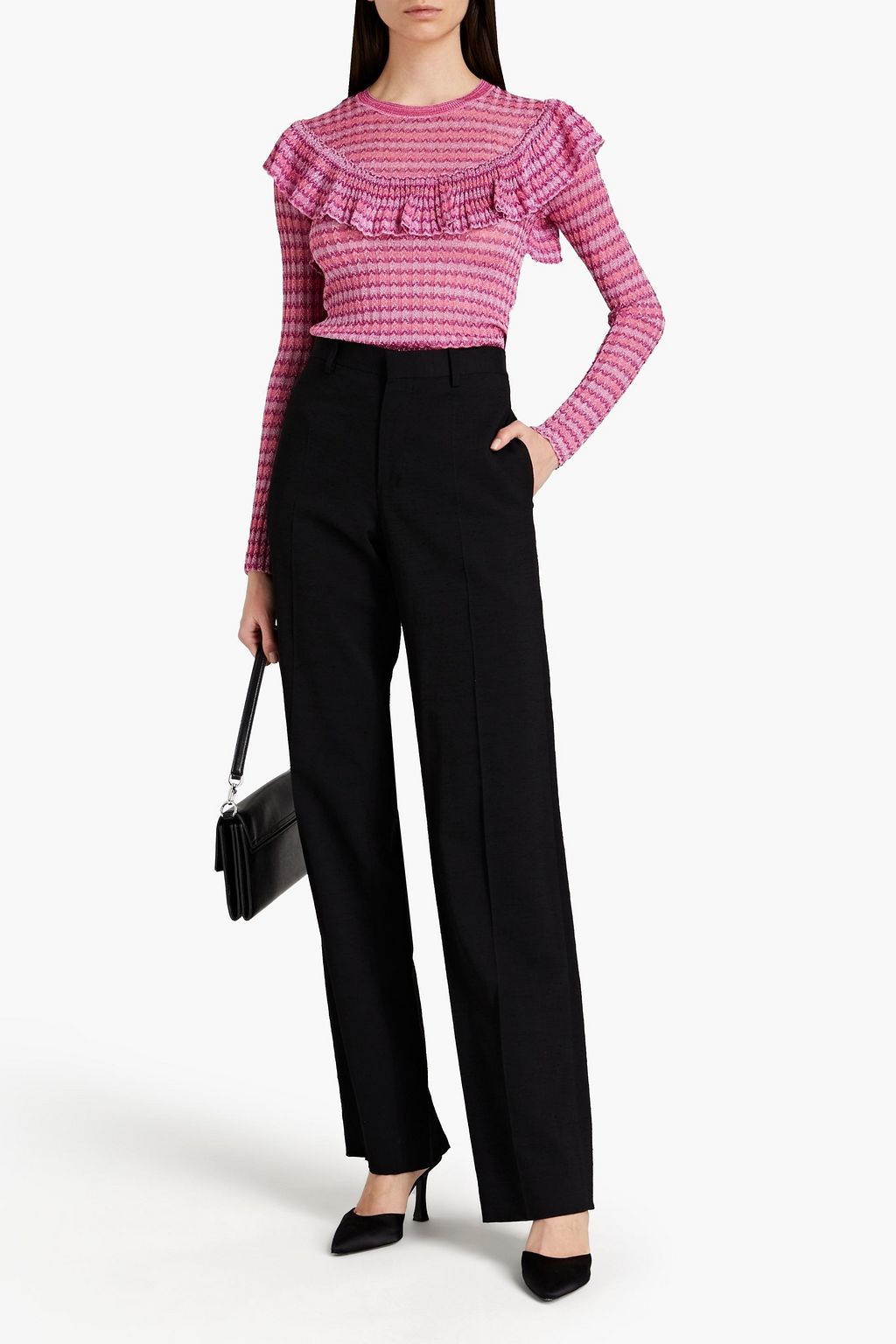 REDVALENTINO Ruffled metallic striped ribbed-knit top
