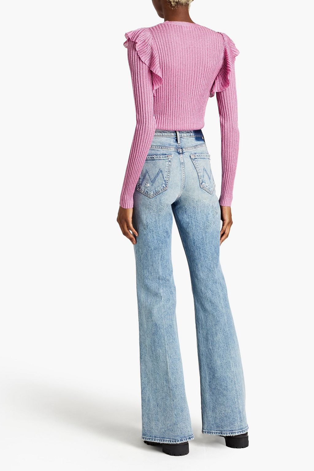 REDVALENTINO Ruffled metallic ribbed-knit top