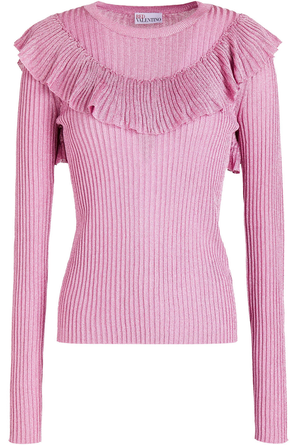 Redvalentino Woman Ruffled Metallic Ribbed-knit Top Pink Size L