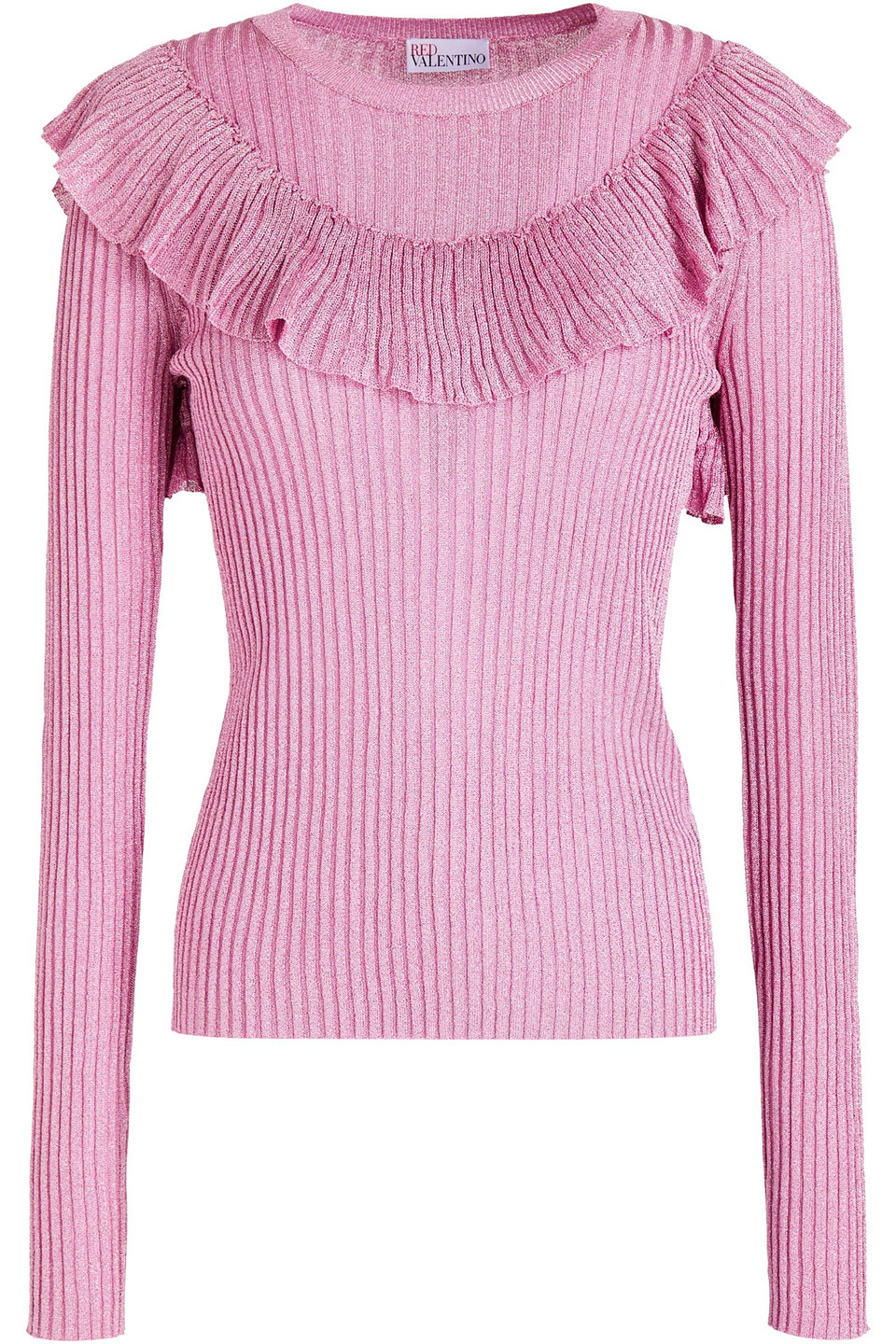 Redvalentino Woman Ruffled Metallic Ribbed-knit Top Pink Size L