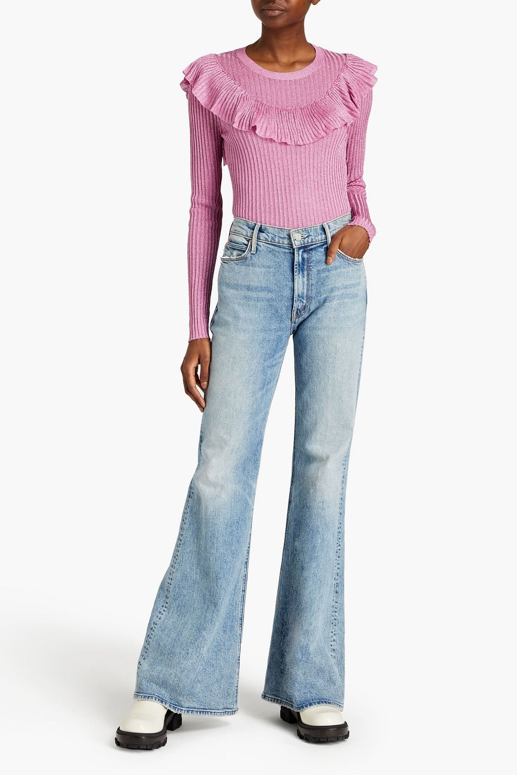 REDVALENTINO Ruffled metallic ribbed-knit top