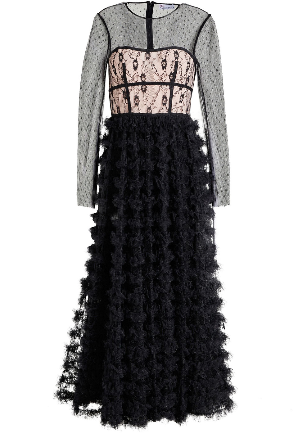 redvalentino - ruffled point d'esprit and lace midi dress - black - it 38