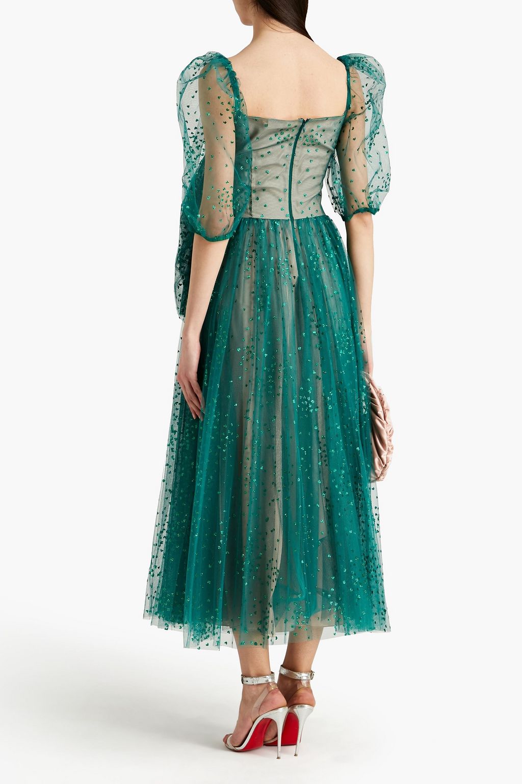 REDVALENTINO فستان متوسط الطول من التول بتصميم ملموم مزيّن بحلى متلألئة وبعقدة فيونكة