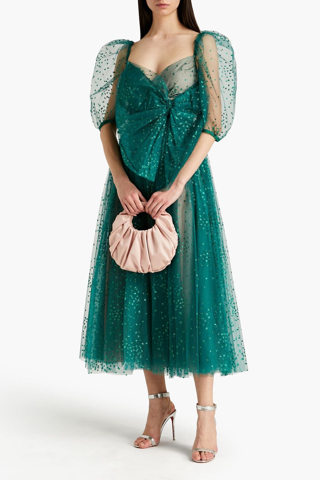 REDVALENTINO فستان متوسط الطول من التول بتصميم ملموم مزيّن بحلى متلألئة وبعقدة فيونكة