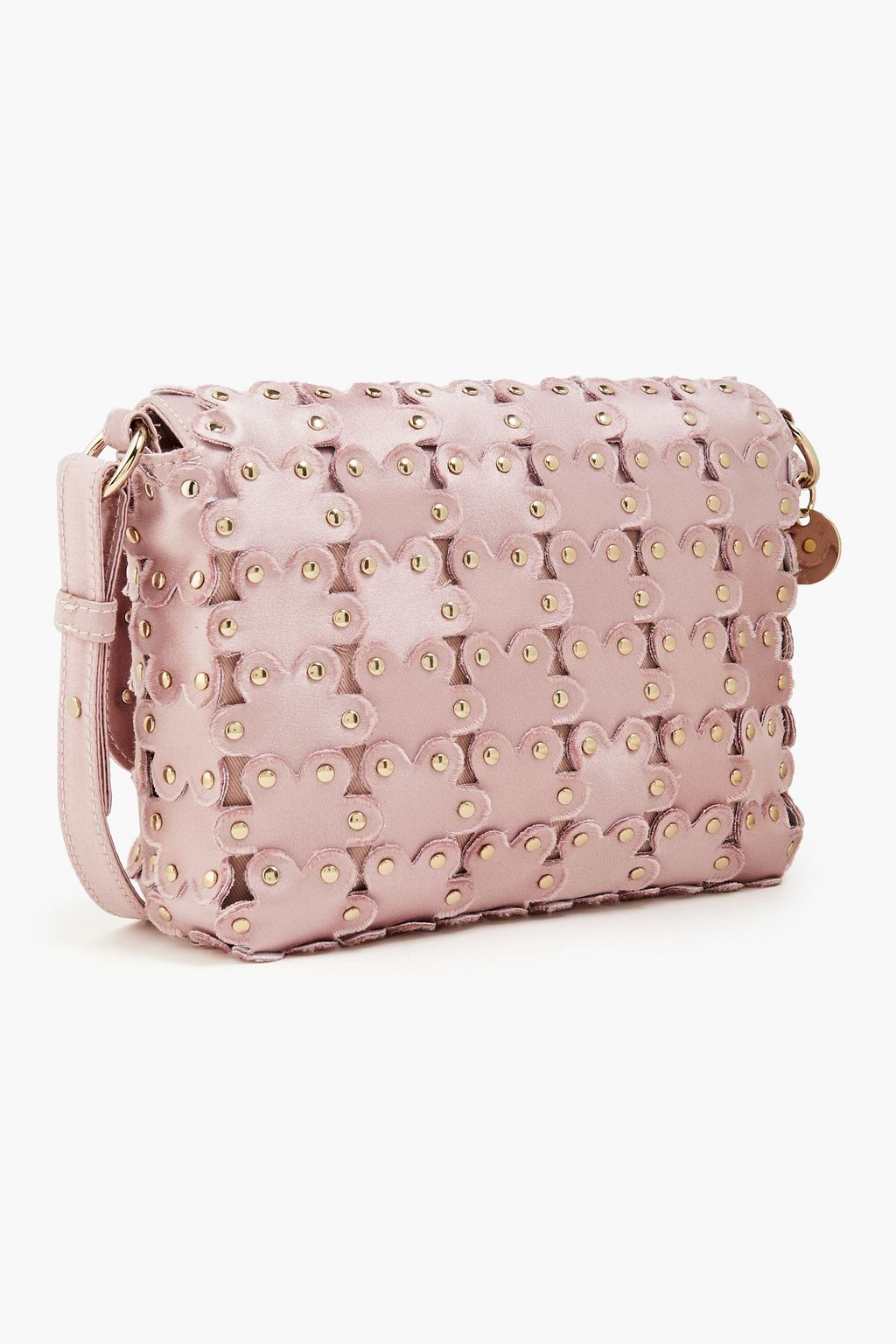 RED(V) Flower Puzzle studded laser-cut satin shoulder bag
