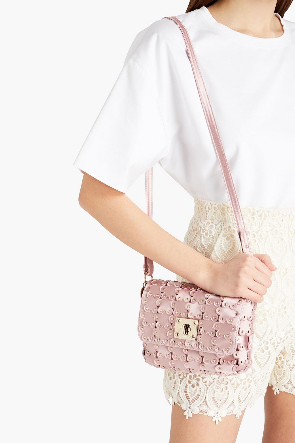 RED(V) Flower Puzzle studded laser-cut satin shoulder bag