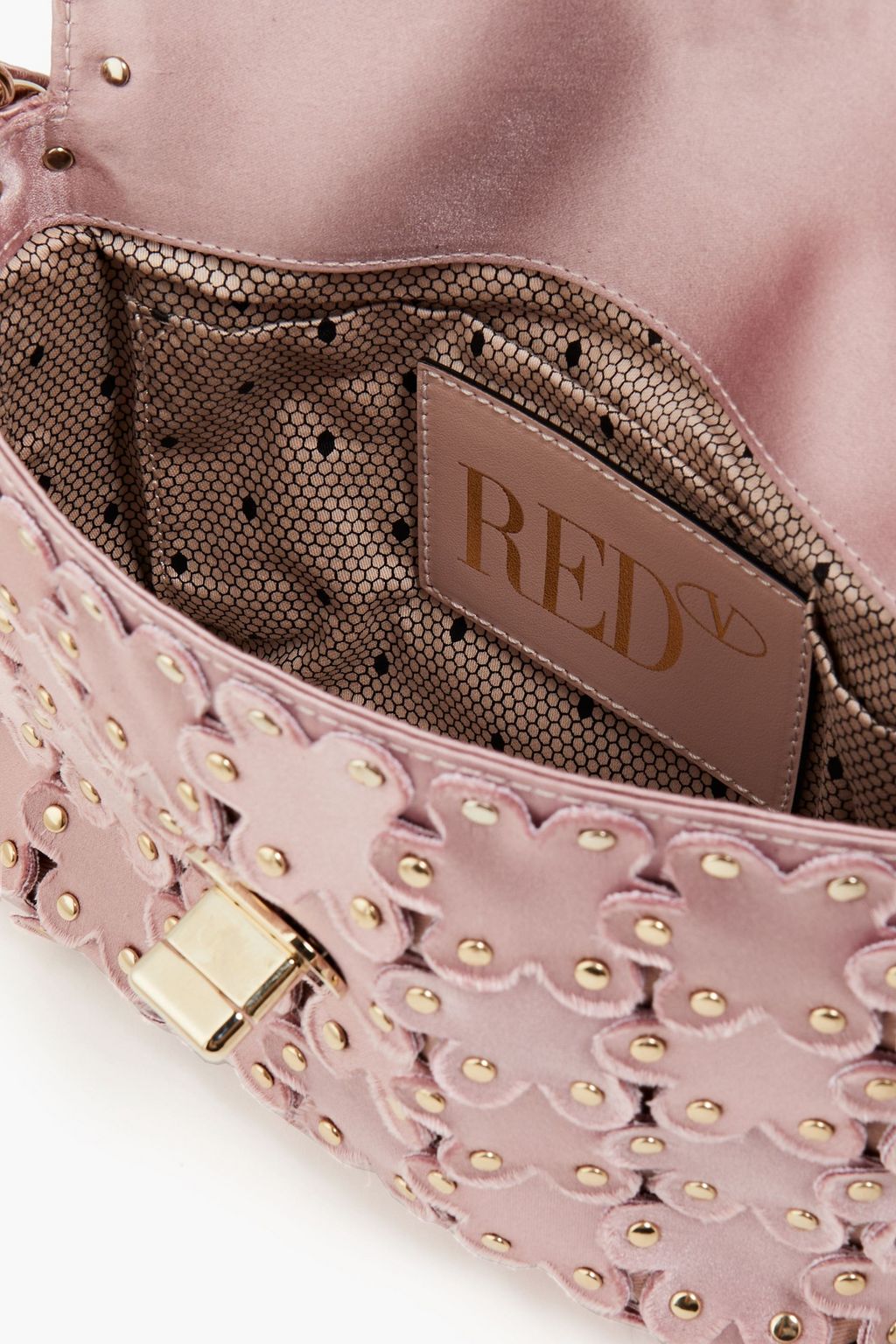 RED(V) Flower Puzzle studded laser-cut satin shoulder bag