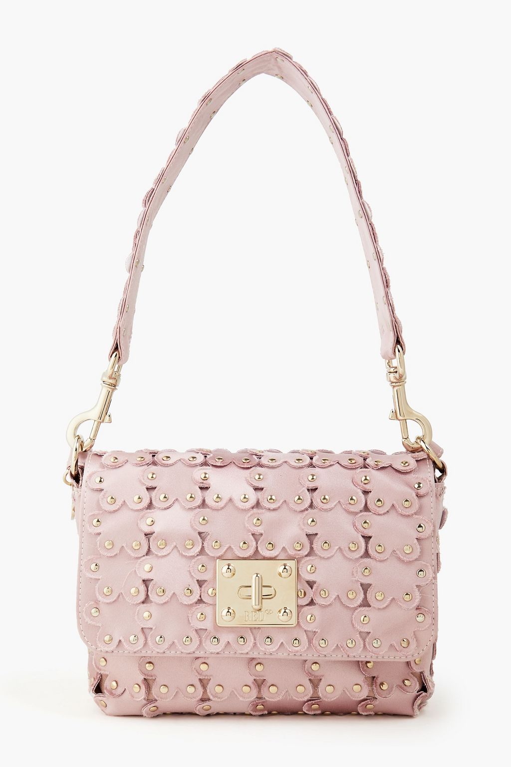 RED(V) Flower Puzzle studded laser-cut satin shoulder bag