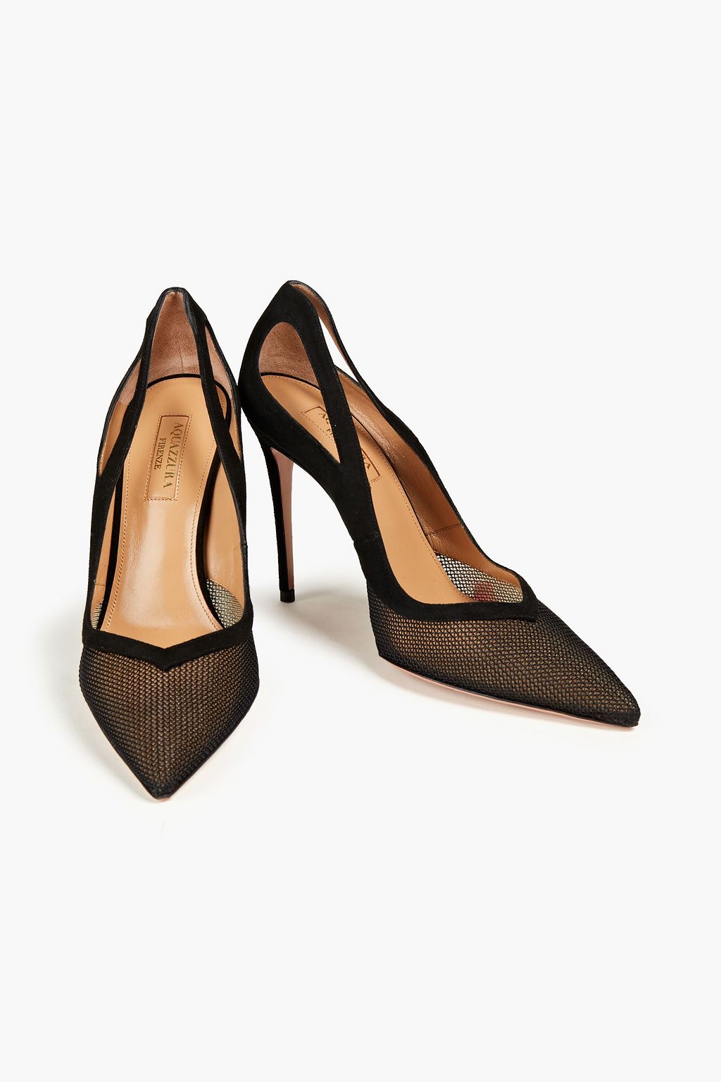 AQUAZZURA Shiva 105 cutout suede and mesh pumps