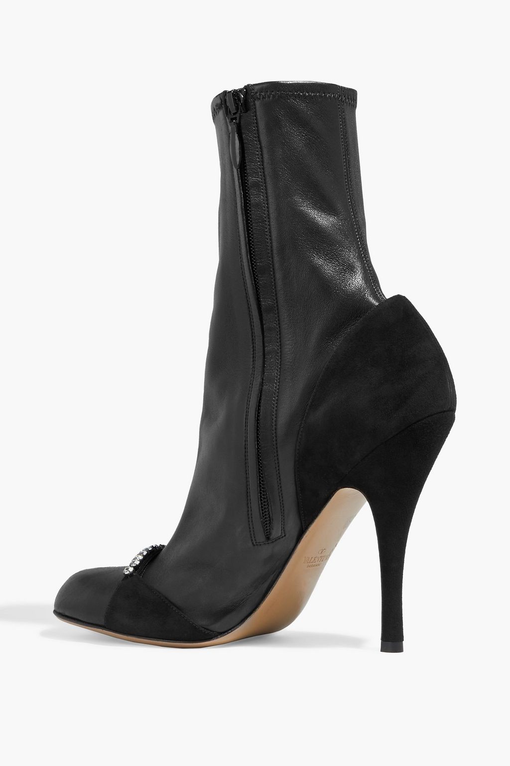 VALENTINO GARAVANI Crystal-embellished suede-paneled stretch leather ankle boots