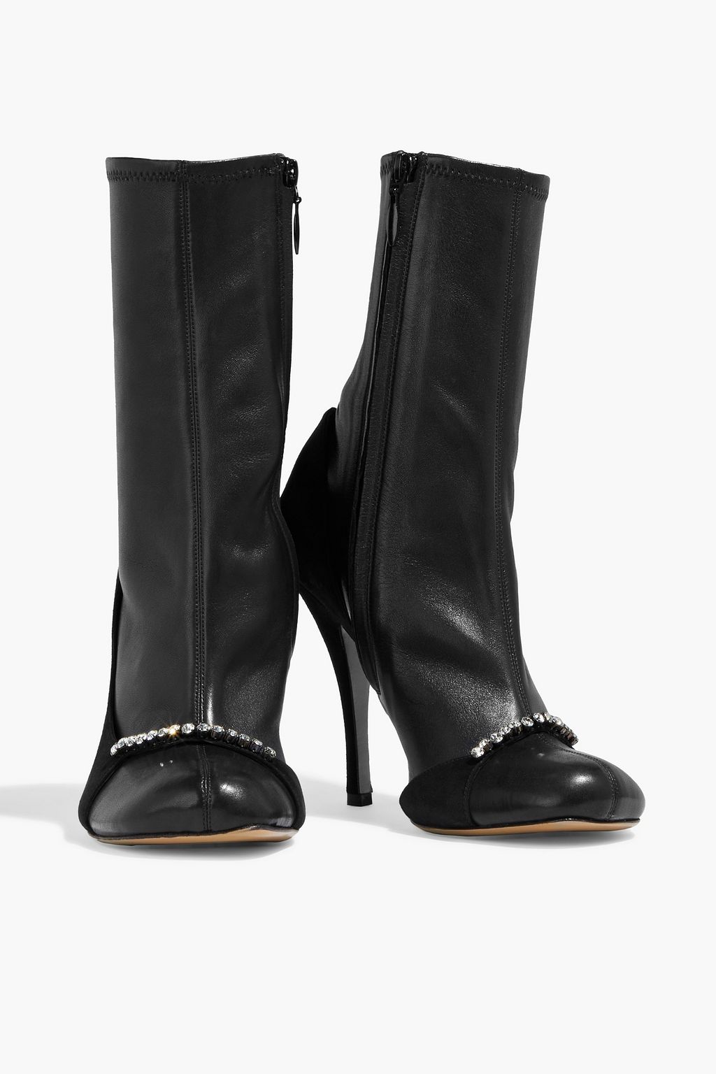 VALENTINO GARAVANI Crystal-embellished suede-paneled stretch leather ankle boots